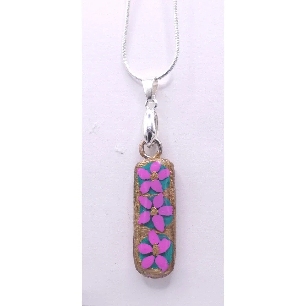 Pink Floral Polymer Clay Pendant‎ Necklace Boho Garden Art Jewelry Cottagecore - Picture 6 of 9